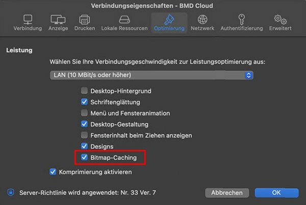 Check bitmap caching and set the speed to 10 MBit/s or higher.