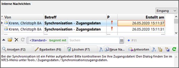 This screenshot shows internal messages stating that there was an error during synchronisation.