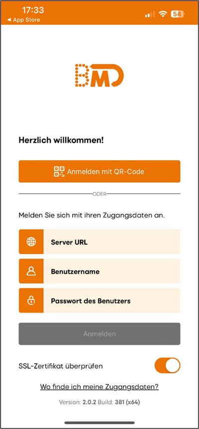 BMD Go app with different login options (via QR code or manual entry)