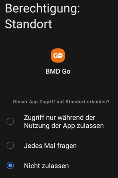 Settings for location access permission with "Do not allow" enabled