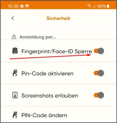 Arrow pointing to the toggle switch "Login with fingerprint/Face ID blocked" on the "Security" screen