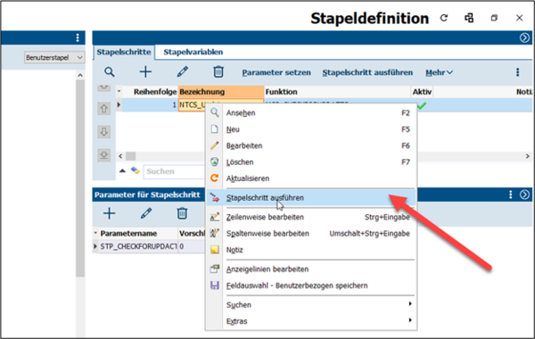 Screenshot of the function "Run batch step" in the window "Define batch"