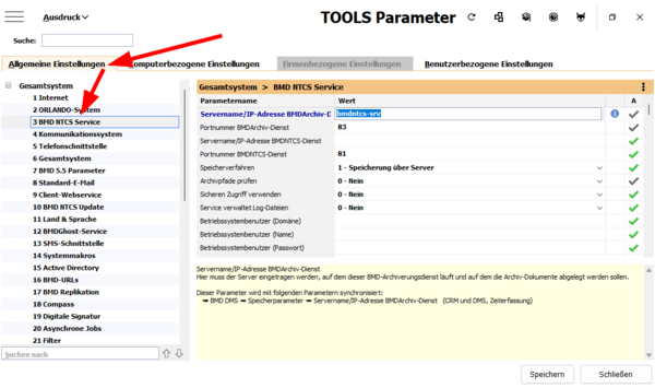 Screenshot of the parameter settings for BMD NTCS service