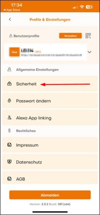 Arrow pointing to "Security" on the "Profiles & settings" screen