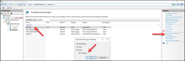 Screenshot of the Handler Mappings section with steps to enable the ISAPI-dll