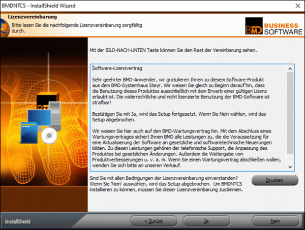 The setup page including the licence agreement that needs to be confirmed.
