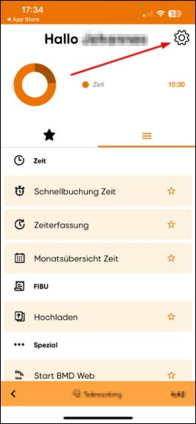 Pfeil zum Zahnrad in der App BMD Go