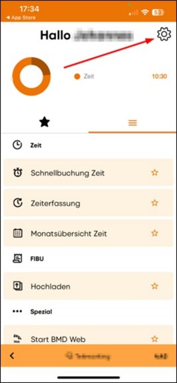 Arrow pointing to the gear icon in the BMD Go app