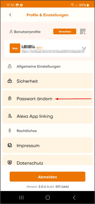Arrow pointing to "Change password" on the "Profiles & settings" screen
