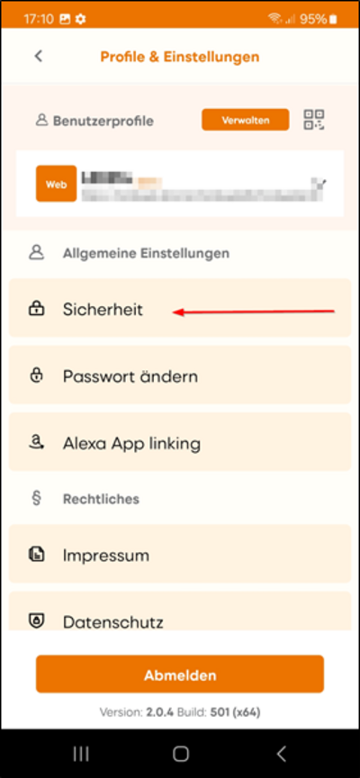Arrow pointing to "Security" on the "Profiles & settings" screen
