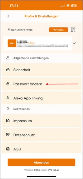 Arrow pointing to "Change password" on the "Profiles & settings" screen