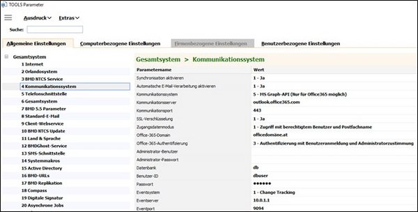 Screenshot of the TOOLS parameters and selection of the settings for the communication system