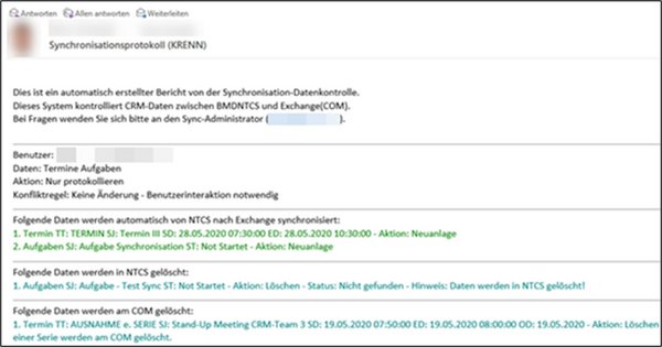 Screenshot of an email containing a detailed log