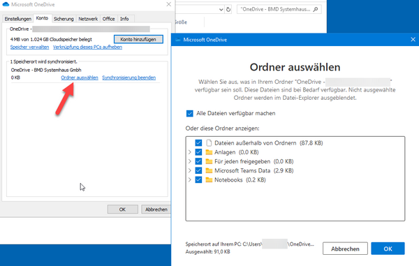 Screenshot der Ordner-Auswahl. Reiter "Konto" geöffnet, roter Pfeil bei OneDrive Speicherort auf "Ordner auswählen".