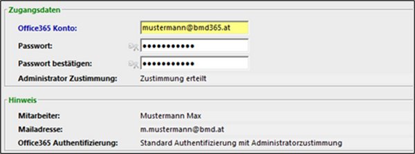 Entry of the Microsoft 365 login details in the parameters