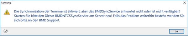 The screenshot shows a notification message indicating that BMDSyncService is not responding or unavailable.