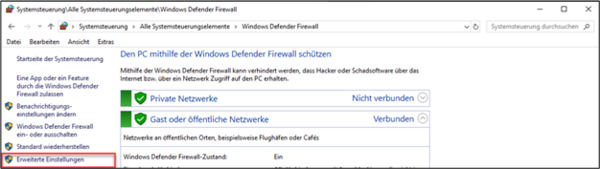 The Windows Defender Firewall settings in the System control. Advanced settings is highlighted.