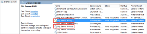 The Services window where "SQL Server (BMD)" and "SQL Server Browser" are highlighted.