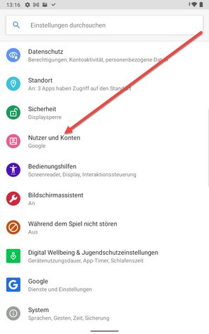 Settings of an Android phone; arrow pointing to "Users and accounts"