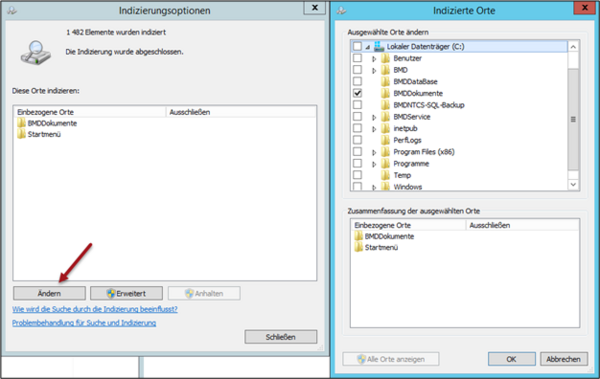 Screenshot of the indexing options