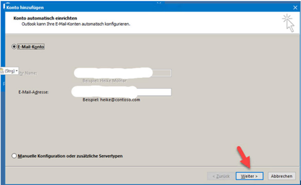 Window "Add Account" in Microsoft Outlook with fields for name and email address, and the "Next" button highlighted.