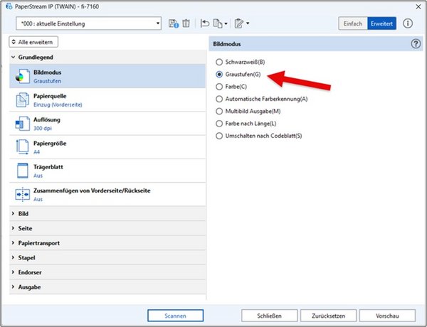 Local scanner control dialogue box with arrow pointing to "Greyscale" in the "Image Mode" tab