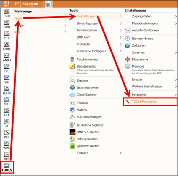 Screenshot with the path to the TOOLS parameters highlighted