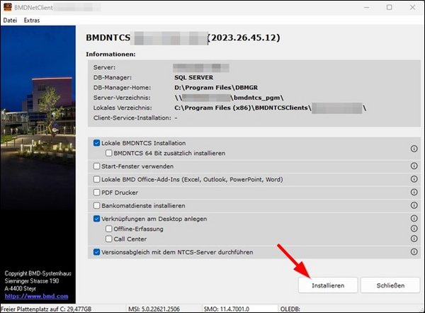 Screenshot with the necessary settings; an arrow points to "Install".