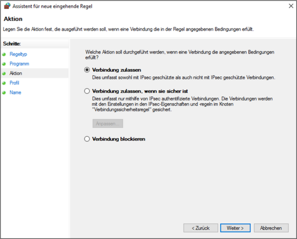A window for defining the action of the inbound rule.