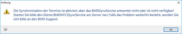 The screenshot shows a notification message indicating that BMDSyncService is not responding or unavailable.
