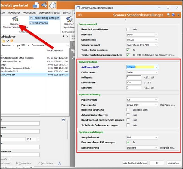 Screenshot of the "Scanner default settings"