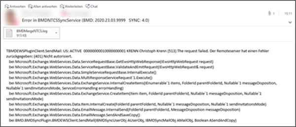 The image shows an email containing information from the error log and BMDMergeNTCS.log as an attachment.