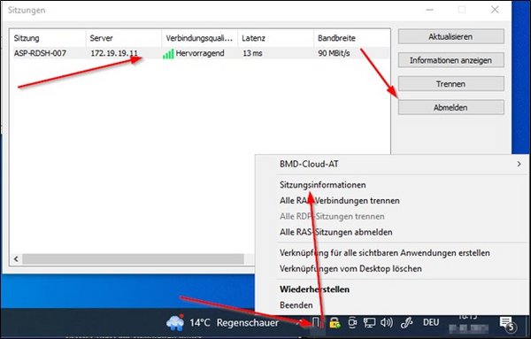 Screenshot of signing out outside the BMD Cloud session via the Windows client taskbar.