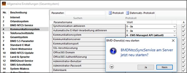 Screenshot of a query asking whether BMDNTCSSyncService should be restarted on the server, shown in the "General settings" window.