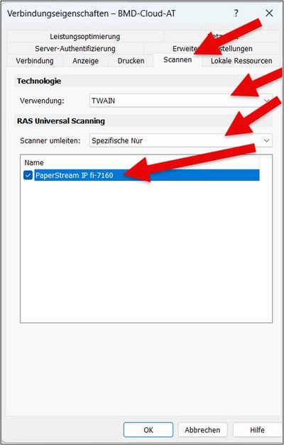 Screenshot of the connection properties with arrow pointing to the "Scanning" tab