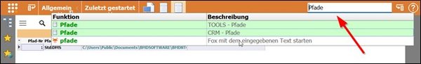 Screenshot of the BMD NTCS window; an arrow points to the entry "Paths" in the search bar.