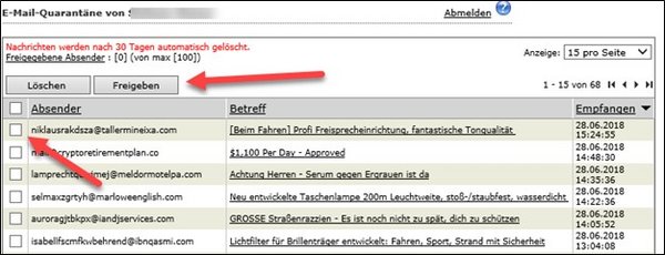 Screenshot of the "Email quarantine" with the option to select and release filtered emails.