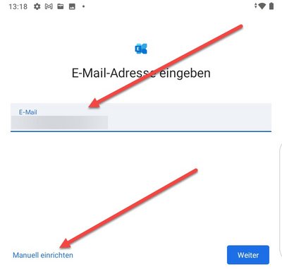User interface for setting up a new Exchange account; arrows indicate the area for entering the email address and the button "Configure manually"