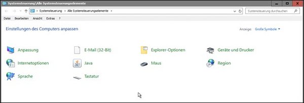Screenshot of all Control Panel items, which allow for changes like keyboard layout or language settings.