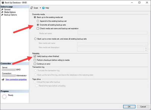 Screenshot of the window "Back Up Database – BMD"; arrows point to "Overwrite all existing backup sets" and "Verify backup when finished".