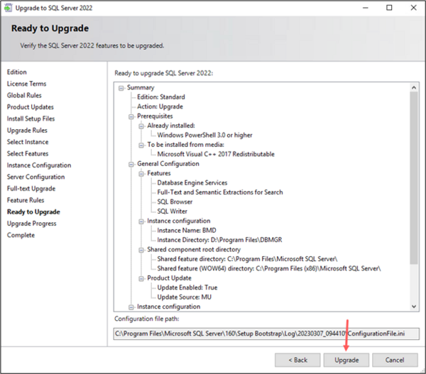 Screenshot of the step "Ready to Upgrade"; an arrow points to "Upgrade".