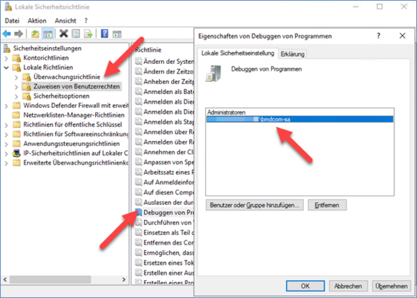 Screenshot of the Local Security Policies window with the "Debug Programs Properties" dialogue