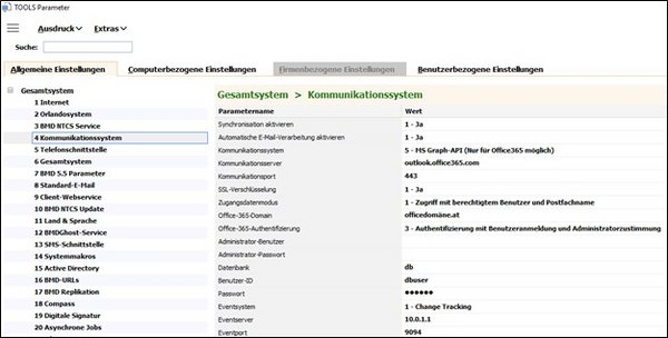 Screenshot of the TOOLS parameters and selection of the settings for the communication system