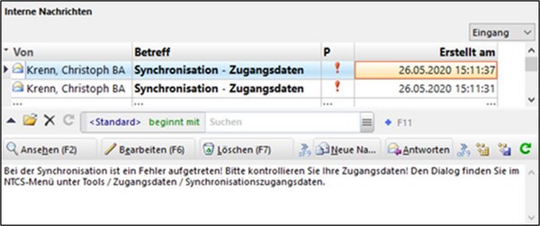 Screenshot of an internal message in case of incorrect synchronisation login details