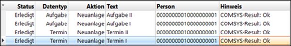 Detailed excerpt from the log displayed as a table, with notes shown in the last column.