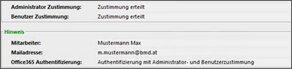 The screenshot shows the consent status of the user and administrator, along with additional detailed information.