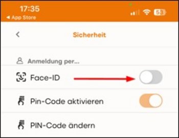 Arrow pointing to the toggle switch "Face ID" on the "Security" screen