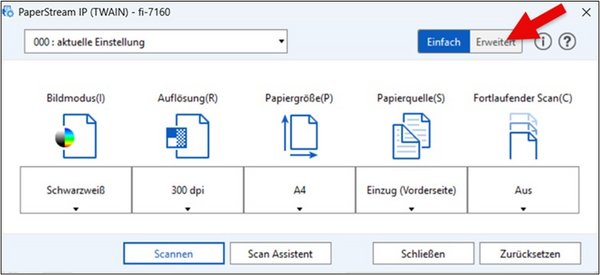 Local scanner control dialogue box with arrow pointing to "Advanced"