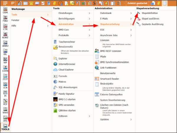 Screenshot showing how to open "Define batch"