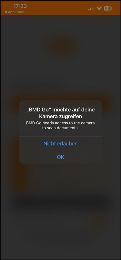 Screenshot showing BMD Go requesting camera access with options "Don't Allow" and "OK"